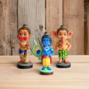 Playful Devotion | Bal Ganesh, Hanuman & Krishna Combo Showpiece | Krishnanagar Clay Craft | GI Tag Artwork, Clay Art and Crafts, Clay Artwork, Clay Crafts, Clay Decor, Clay Dolls, Decorative Items, Drawing Room, Eco-Friendly, Ghurni Clay Dolls, GI Tagg Products, Handcrafted, Handicrafts, Handmade, Handpainted, Home Decor, Home Interior Decoration, Idols, Krishnanagar Clay Dolls, Living Room, Showpieces