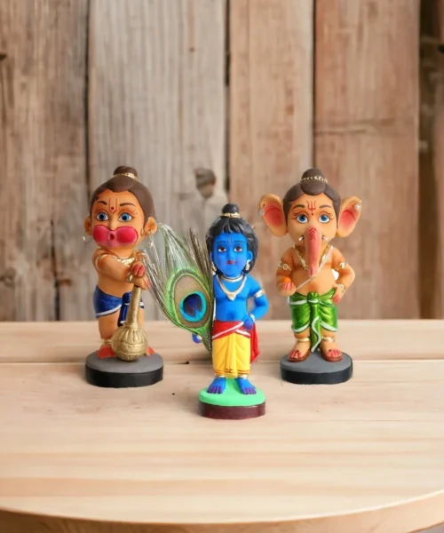 Playful Devotion | Bal Ganesh, Hanuman & Krishna Combo Showpiece | Krishnanagar Clay Craft | GI Tag Artwork, Clay Art and Crafts, Clay Artwork, Clay Crafts, Clay Decor, Clay Dolls, Decorative Items, Drawing Room, Eco-Friendly, Ghurni Clay Dolls, GI Tagg Products, Handcrafted, Handicrafts, Handmade, Handpainted, Home Decor, Home Interior Decoration, Idols, Krishnanagar Clay Dolls, Living Room, Showpieces