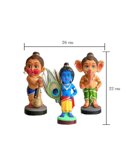 Playful Devotion | Bal Ganesh, Hanuman & Krishna Combo Showpiece | Krishnanagar Clay Craft | GI Tag Artwork, Clay Art and Crafts, Clay Artwork, Clay Crafts, Clay Decor, Clay Dolls, Decorative Items, Drawing Room, Eco-Friendly, Ghurni Clay Dolls, GI Tagg Products, Handcrafted, Handicrafts, Handmade, Handpainted, Home Decor, Home Interior Decoration, Idols, Krishnanagar Clay Dolls, Living Room, Showpieces