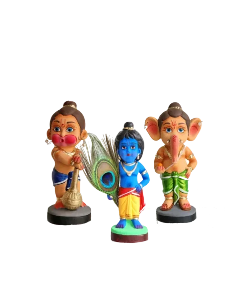 Playful Devotion | Bal Ganesh, Hanuman & Krishna Combo Showpiece | Krishnanagar Clay Craft | GI Tag Artwork, Clay Art and Crafts, Clay Artwork, Clay Crafts, Clay Decor, Clay Dolls, Decorative Items, Drawing Room, Eco-Friendly, Ghurni Clay Dolls, GI Tagg Products, Handcrafted, Handicrafts, Handmade, Handpainted, Home Decor, Home Interior Decoration, Idols, Krishnanagar Clay Dolls, Living Room, Showpieces