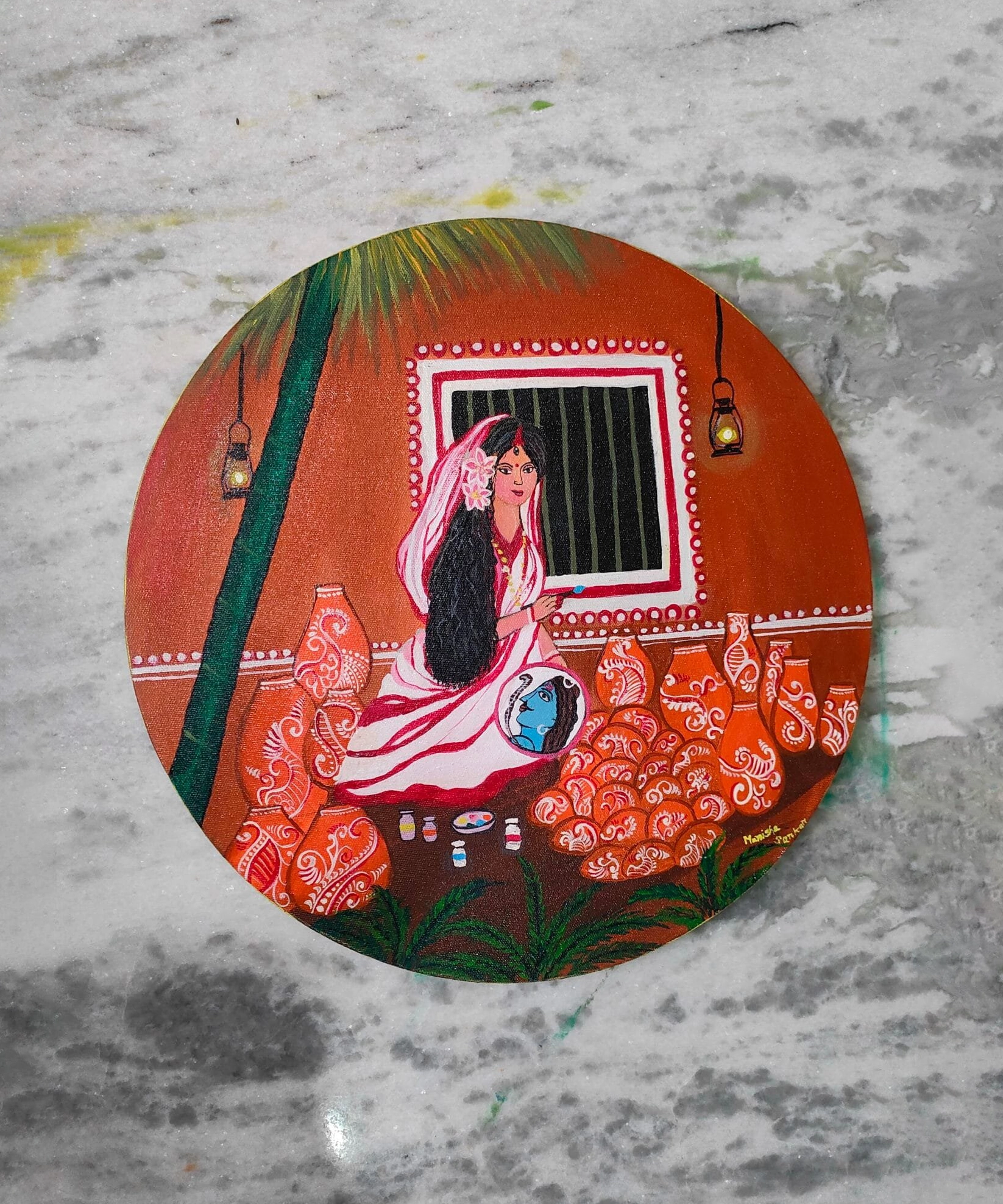 Maa Durga Folk Art Round Painting | #Arcylic #Varnished #CanvasArt | 10 x 10 inch, 12 x 12 inch, 16 x 16 inch, 20 x 20 inch